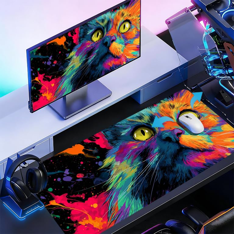 Gaming Mauspad XXL, Mousepad 1200 x 600 x 4 mm, Farbe Katze-3 Maus pad, Vernähte Kanten WassXerdicht Anti-Rutsch Verbessert Präzision und Geschwindigkei,Großer Erweiterter Schreibtisch Schutz 0A0-34 Bild 3