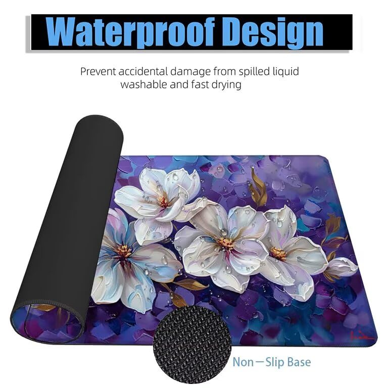 Schreibtischunterlage Lila Mauspad XXL 120x60cm Mousepad Lilie Gaming Mauspad mit Nicht rutschender Unterlage, Vernähte Kanten WassXerdicht Anti-Rutsch Maus Pad für Laptop, Office Geschenke F0-1169 Bild 4