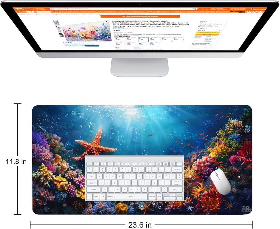 Schreibtischunterlage Blau Mauspad XXL 120x60cm Mousepad Seestern Gaming Mauspad mit Nicht rutschender Unterlage, Vernähte Kanten WassXerdicht Anti-Rutsch Maus Pad für PC, Office Geschenke F0-1181 Bild 2