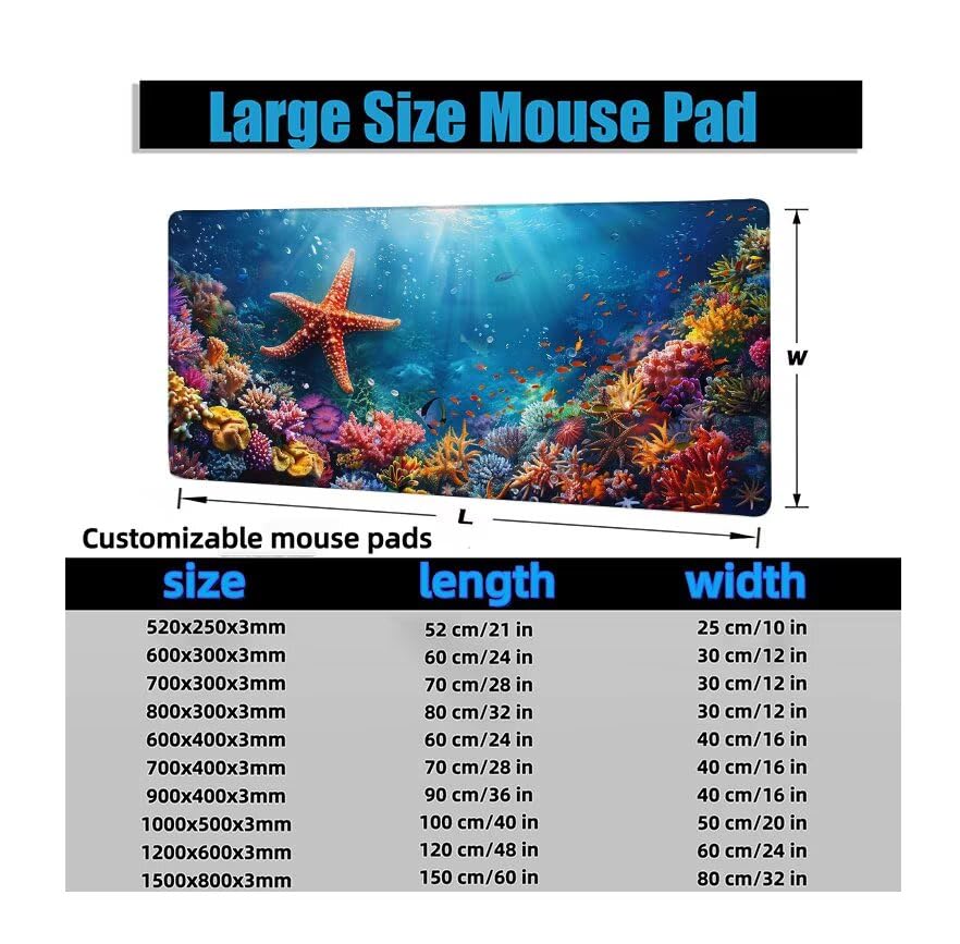 Schreibtischunterlage Blau Mauspad XXL 120x60cm Mousepad Seestern Gaming Mauspad mit Nicht rutschender Unterlage, Vernähte Kanten WassXerdicht Anti-Rutsch Maus Pad für PC, Office Geschenke F0-1181 Bild 6