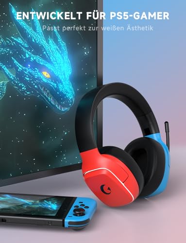 Gvyugke Wireless Gaming Headset mit Mikrofon für PS5/PS4/PC/Switch/Mac, 2.4GHz & BT 5.3 Kabellos (≤20ms) & 3.5mm Kabel Kopfhörer, Noise Cancelling Mic, 7.1 Surround, 70H Akku, RGB, Faltbar Bild 2