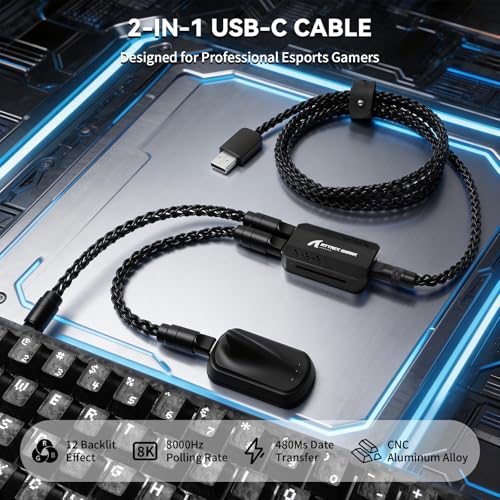 ATTACK SHARK C07PRO 8 KHz 2-in-1 Typc C Gaming-Tastaturkabel, RGB-Beleuchtung, Braided Dual-USB-C-Ladekabel aus Single Crystal Copper, CNC 6063-Aluminium, für Mäuse/PC/MacBook/Gamer, 1,56m(Schwarz) Bild 2