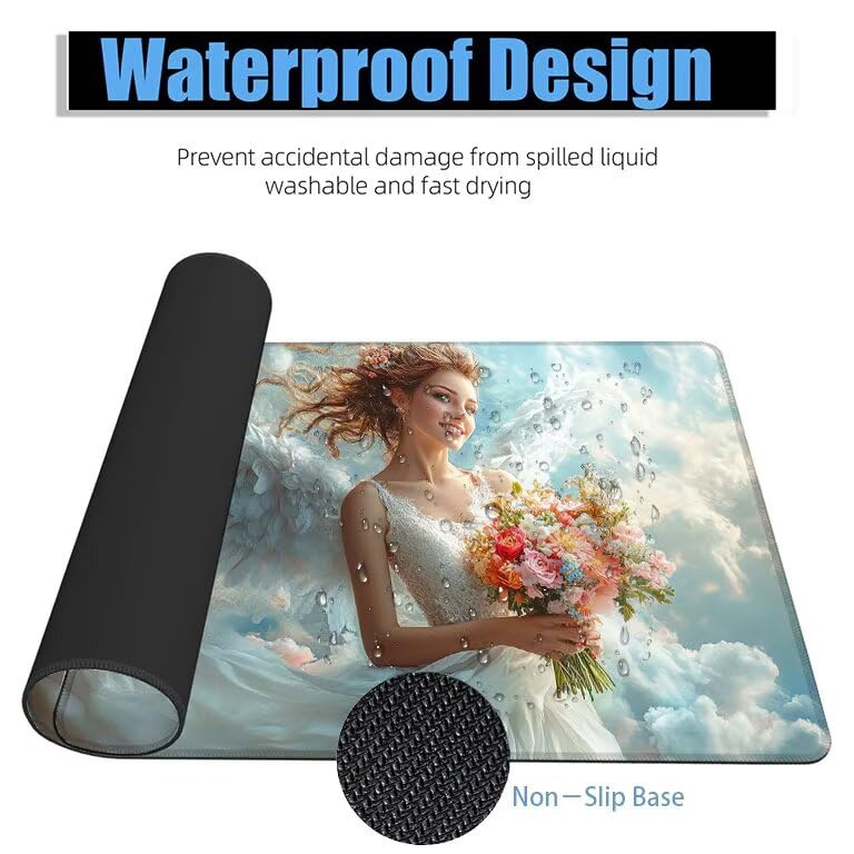 Schreibtischunterlage Weiß Mauspad XXL 100x50cm Mousepad Flügel Gaming Mauspad mit Nicht rutschender Unterlage, Vernähte Kanten WassXerdicht Anti-Rutsch Maus Pad für Laptop, Office Geschenke F0-1190 Bild 4