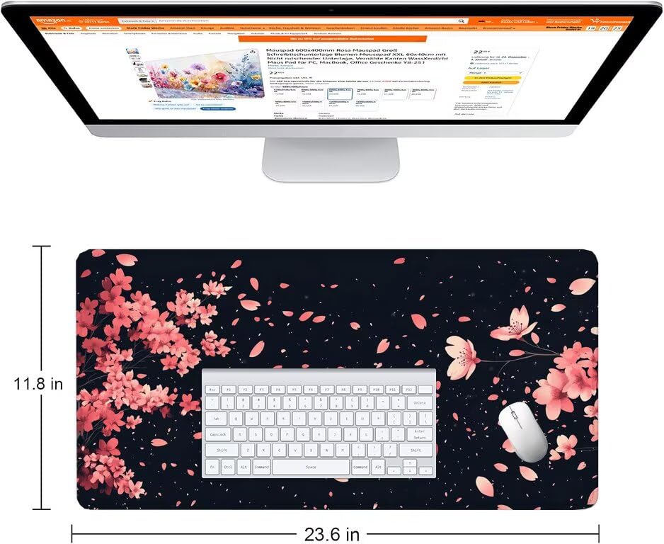 Schreibtischunterlage Schwarz Mauspad XXL 100x50cm Mousepad Kirschblüten Gaming Mauspad mit Nicht rutschender Unterlage, Vernähte Kanten WassXerdicht Anti-Rutsch Maus Pad für MacBook, Office F0-1199 Bild 2