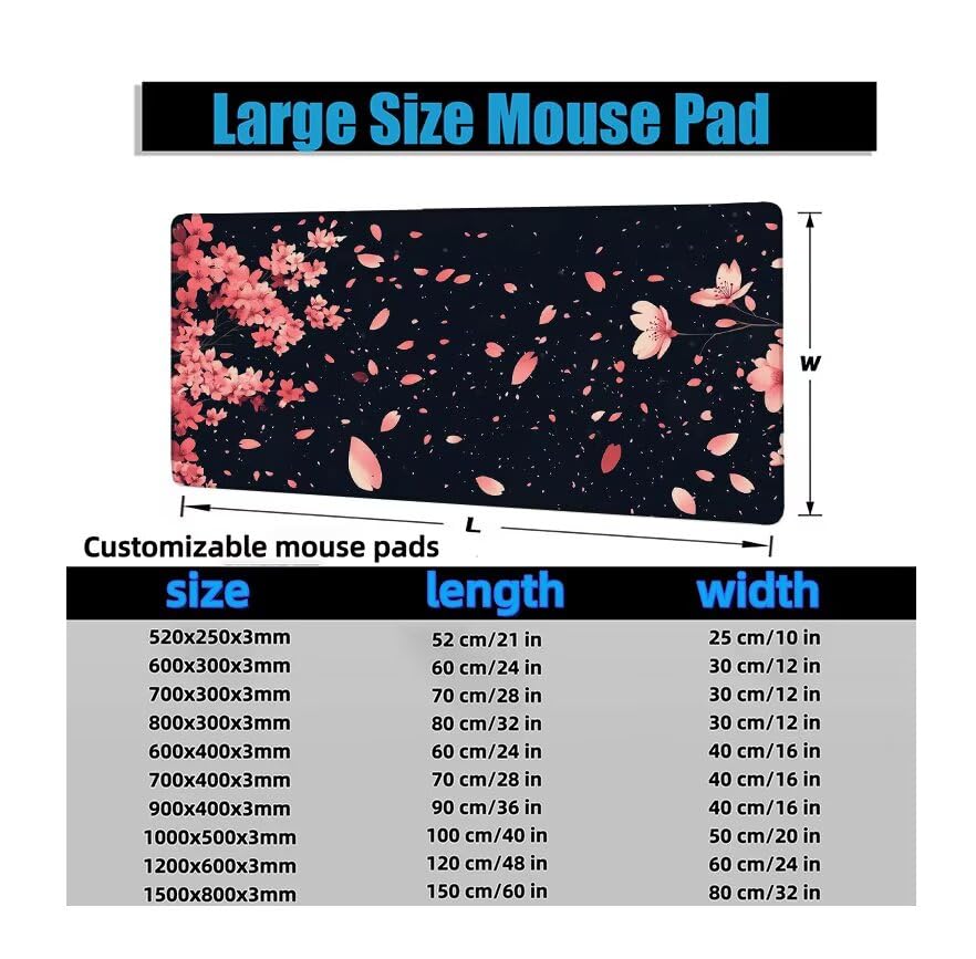 Schreibtischunterlage Schwarz Mauspad XXL 100x50cm Mousepad Kirschblüten Gaming Mauspad mit Nicht rutschender Unterlage, Vernähte Kanten WassXerdicht Anti-Rutsch Maus Pad für MacBook, Office F0-1199 Bild 6