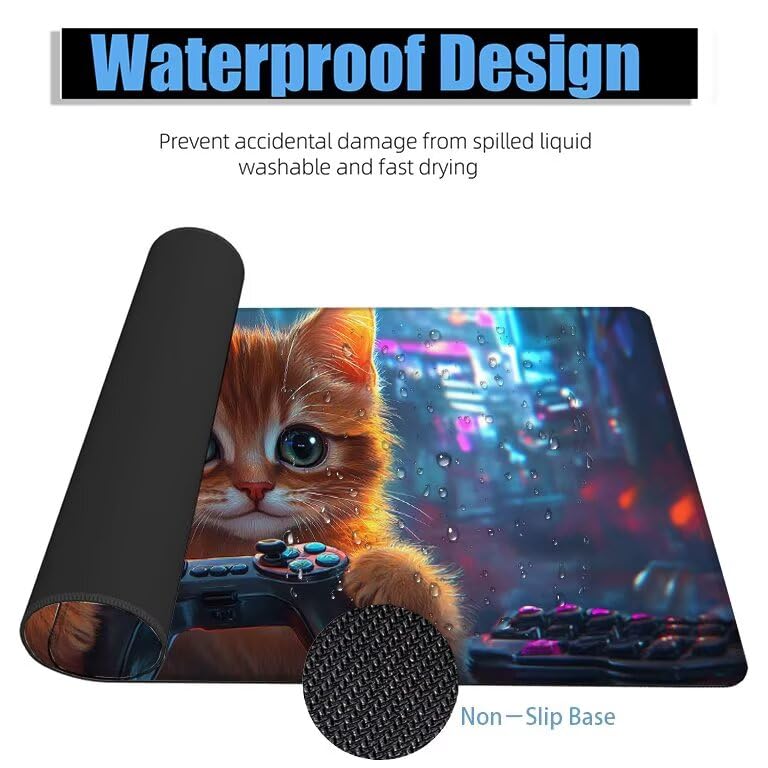 Schreibtischunterlage Katze Mauspad XXL 150x80cm Mousepad Tiere Gaming Mauspad mit Nicht rutschender Unterlage, Vernähte Kanten WassXerdicht Anti-Rutsch Maus Pad für Laptop, Office Geschenke F0-1193 Bild 4