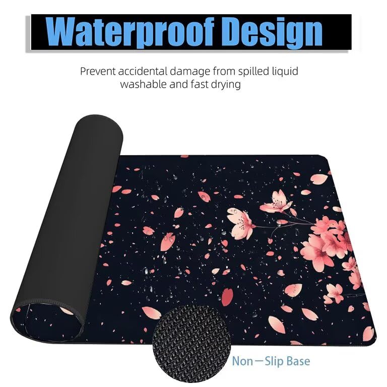 Schreibtischunterlage Schwarz Mauspad XXL 150x80cm Mousepad Kirschblüten Gaming Mauspad mit Nicht rutschender Unterlage, Vernähte Kanten WassXerdicht Anti-Rutsch Maus Pad für MacBook, Office F0-1199 Bild 4