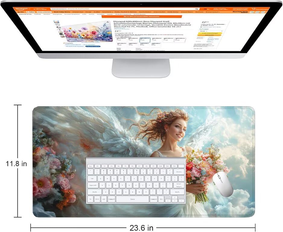 Schreibtischunterlage Weiß Mauspad XXL 150x80cm Mousepad Flügel Gaming Mauspad mit Nicht rutschender Unterlage, Vernähte Kanten WassXerdicht Anti-Rutsch Maus Pad für Laptop, Office Geschenke F0-1190 Bild 2