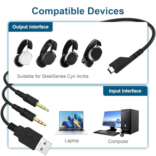Ersatzkabel für SteelSeries Arctis 3/5/7/Pro, 2-in-1 Mini USB auf Dual 3,5mm & USB, 2m TPE Gaming Headset Kabel, Schwarz Bild 2