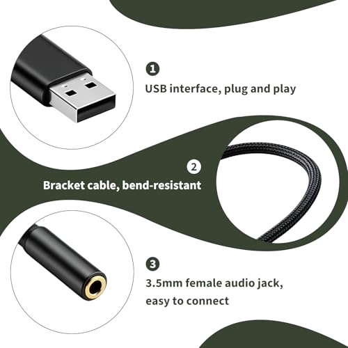 USB Soundkarte Extern, USB auf 3.5mm Adapter TRRS Klinkenbuchse CTIA Stereo Audio Konverter mit Mikrofon Unterstützung Plug & Play für PC Laptop Notebook Headset Gaming Streaming Homeoffice Schwarz Bild 3