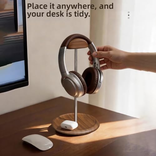 Headset-Ständer, Walnussholz und Edelstahl, Desktop-Kopfhörer-Halter mit Aufbewahrungsbasis, rutschfeste Silikon-Pads, organisiertes Gaming-Büro-Setup Bild 3