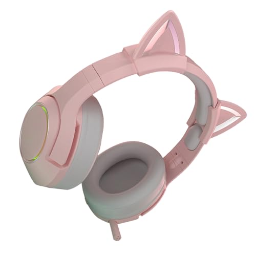 Gaming-Headset, Süßes Katzenohr, RGB, Verstellbares Kopfband, Kabelgebunden, Spielkopfhörer, Mikrofon, Mädchen-Stereo-Sound für Gaming, Material: ABS-Draht (Rosafarbene 7.1-Kanal-Version Bild 1