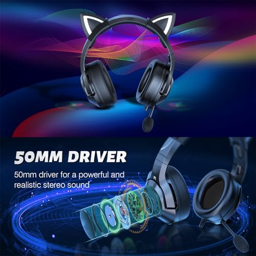 Katzenohr-Headset, RGB, Verstellbares Stirnband, Abnehmbares Mikrofon, Mädchen-Spielkopfhörer, Stereo-Sound für Gaming, Material: ABS-Draht (Schwarzer 3,5-mm-Rundlochstopfen) Bild 2