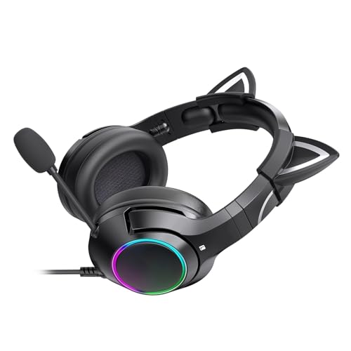 Katzenohr-Headset, RGB, Verstellbares Stirnband, Abnehmbares Mikrofon, Mädchen-Spielkopfhörer, Stereo-Sound für Gaming, Material: ABS-Draht (Schwarzer 3,5-mm-Rundlochstopfen) Bild 3