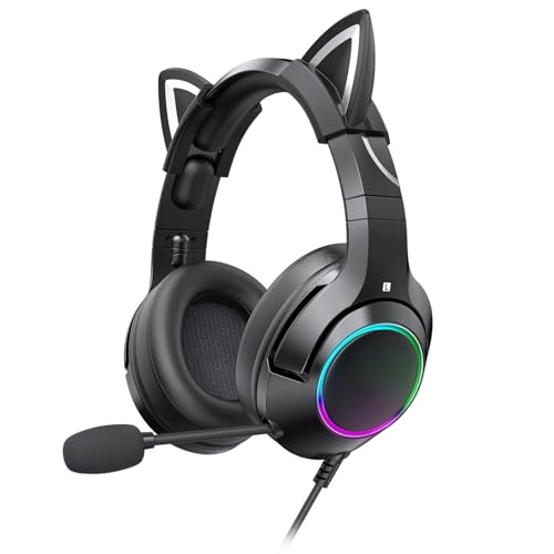 Katzenohr-Headset, RGB, Verstellbares Stirnband, Abnehmbares Mikrofon, Mädchen-Spielkopfhörer, Stereo-Sound für Gaming, Material: ABS-Draht (Schwarzer 3,5-mm-Rundlochstopfen) Bild 6