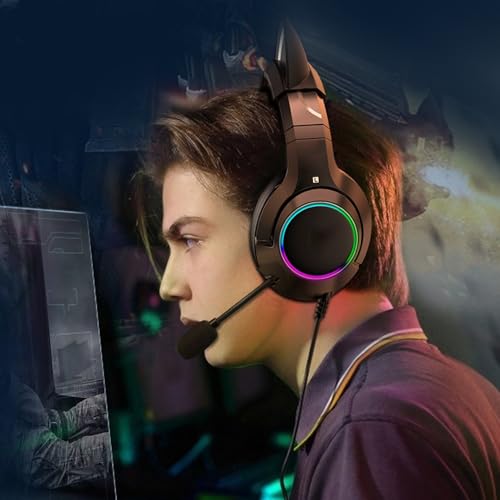 Katzenohr-Headset, RGB, Verstellbares Stirnband, Abnehmbares Mikrofon, Mädchen-Spielkopfhörer, Stereo-Sound für Gaming, Material: ABS-Draht (Schwarzer 3,5-mm-Rundlochstopfen) Bild 7