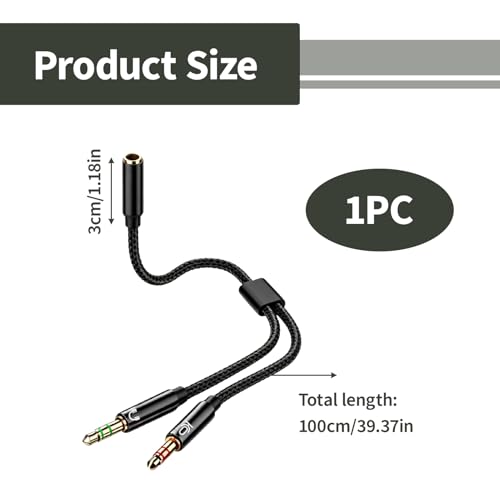 3,5mm Adapter Y Splitter, Headset Adapter 1m TRRS Buchse auf 2X TRS Stecker Kabel für PC Laptop Gaming Headset, 4 Pol auf Dual 3 Pol Klinke Adapter kompatibel mit Desktop Konsole Schwarz Bild 2