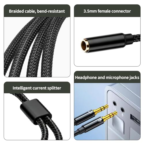 3,5mm Adapter Y Splitter, Headset Adapter 1m TRRS Buchse auf 2X TRS Stecker Kabel für PC Laptop Gaming Headset, 4 Pol auf Dual 3 Pol Klinke Adapter kompatibel mit Desktop Konsole Schwarz Bild 3