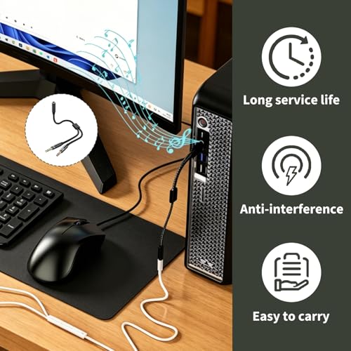 3,5mm Adapter Y Splitter, Headset Adapter 1m TRRS Buchse auf 2X TRS Stecker Kabel für PC Laptop Gaming Headset, 4 Pol auf Dual 3 Pol Klinke Adapter kompatibel mit Desktop Konsole Schwarz Bild 4