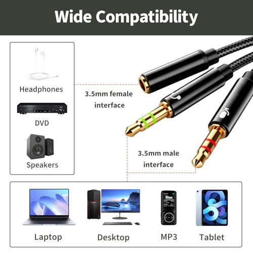 3,5mm Adapter Y Splitter, Headset Adapter 1m TRRS Buchse auf 2X TRS Stecker Kabel für PC Laptop Gaming Headset, 4 Pol auf Dual 3 Pol Klinke Adapter kompatibel mit Desktop Konsole Schwarz Bild 5