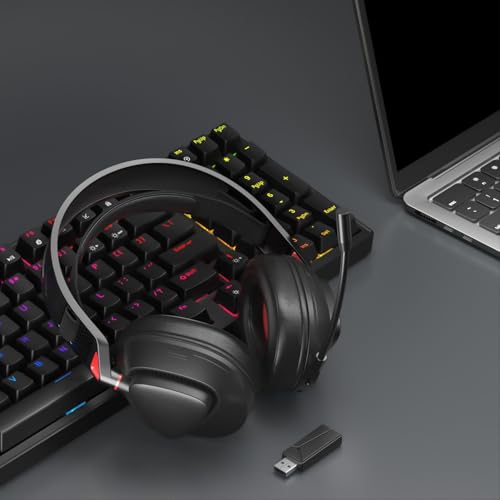 Bewinner PC-Gaming-Headset mit 2,4 G Wireless, Bluetooth, Kabel und, Mikrofon mit Geräuschunterdrückung, Over-Ear-Kopfhörer für PC, Laptop, Switch (Schwarz Rot) Bild 3