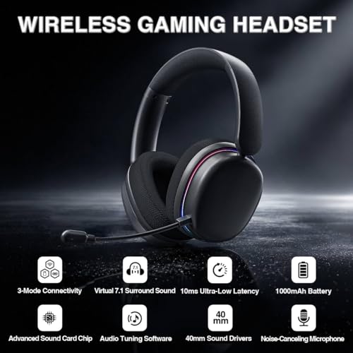 TZMRIT Aula G7 Pro Wireless Gaming Headset mit 7.1 Surround Sound, 40mm Treiber, BT5.3 Gaming Headsets mit Mikrofon, RGB, 10ms Latenz, 65H Akku, PC Gaming Headset Bild 3