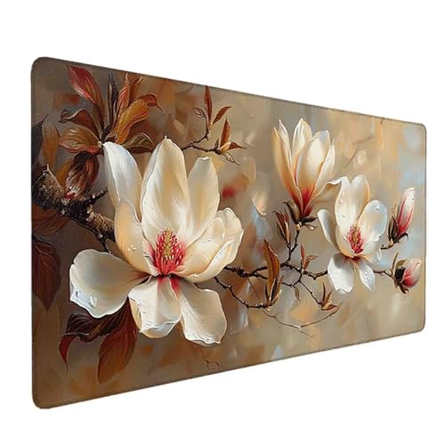 Mauspad 1200 x 600 Creme Mauspad Blume Schreibtischunterlage mit Genähten Kanten Rutschfester Mousepad XXL, Tischunterlage Schreibtisch für PC, Maus und Tastatur, Home Office, Gaming Zubehör w7222 Bild 1