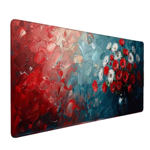 Mauspad 1200 x 600 Rot Mauspad Blume Schreibtischunterlage mit Genähten Kanten Rutschfester Mousepad XXL, Tischunterlage Schreibtisch für PC, Maus und Tastatur, Home Office, Gaming Zubehör g6641 Bild 1