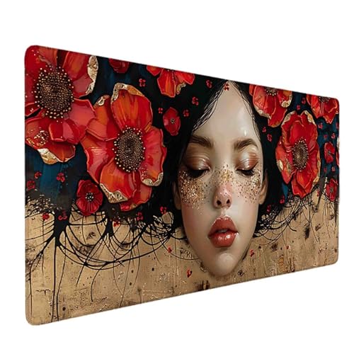 Mauspad 1200 x 600 Blume Mauspad Frau Schreibtischunterlage mit Genähten Kanten Rutschfester Mousepad XXL, Tischunterlage Schreibtisch für PC, Maus und Tastatur, Home Office, Gaming Zubehör e6879 Bild 1
