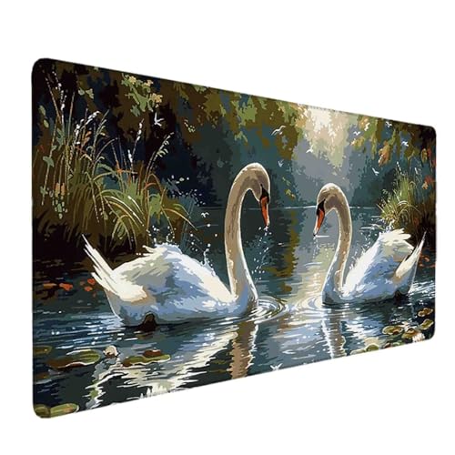 Mauspad 1200 x 600 Weiß Mauspad Schwan Schreibtischunterlage mit Genähten Kanten Rutschfester Mousepad XXL, Tischunterlage Schreibtisch für PC, Maus und Tastatur, Home Office, Gaming Zubehör v6739 Bild 1
