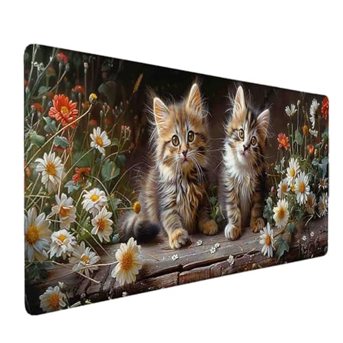 Mauspad 1200 x 600 Blume Mauspad Katze Schreibtischunterlage mit Genähten Kanten Rutschfester Mousepad XXL, Tischunterlage Schreibtisch für PC, Maus und Tastatur, Home Office, Gaming Zubehör s7124 Bild 1