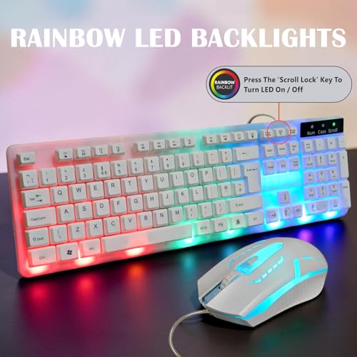 JUSTOP Weißes USB-Tastatur- und Maus-Set, leuchtende LED-Lichter, schlanke Tastatur in voller Größe, LED-Gaming-Maus, Spiel oder Business, UK-Layout, für PC, Laptop, Windows und Mac, PS4, PS5, Xbox Bild 2