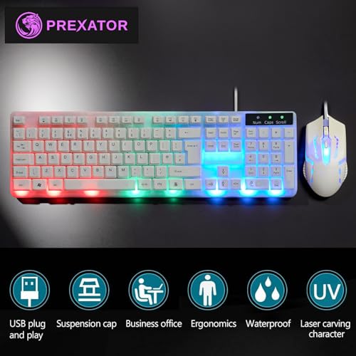JUSTOP Weißes USB-Tastatur- und Maus-Set, leuchtende LED-Lichter, schlanke Tastatur in voller Größe, LED-Gaming-Maus, Spiel oder Business, UK-Layout, für PC, Laptop, Windows und Mac, PS4, PS5, Xbox Bild 3