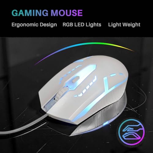 JUSTOP Weißes USB-Tastatur- und Maus-Set, leuchtende LED-Lichter, schlanke Tastatur in voller Größe, LED-Gaming-Maus, Spiel oder Business, UK-Layout, für PC, Laptop, Windows und Mac, PS4, PS5, Xbox Bild 4