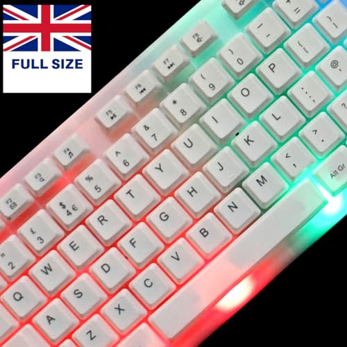 JUSTOP Weißes USB-Tastatur- und Maus-Set, leuchtende LED-Lichter, schlanke Tastatur in voller Größe, LED-Gaming-Maus, Spiel oder Business, UK-Layout, für PC, Laptop, Windows und Mac, PS4, PS5, Xbox Bild 5