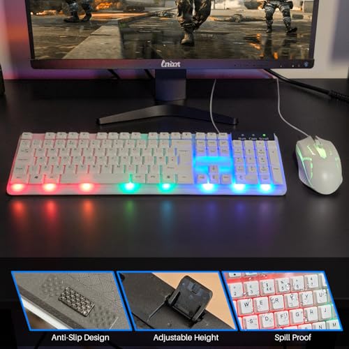 JUSTOP Weißes USB-Tastatur- und Maus-Set, leuchtende LED-Lichter, schlanke Tastatur in voller Größe, LED-Gaming-Maus, Spiel oder Business, UK-Layout, für PC, Laptop, Windows und Mac, PS4, PS5, Xbox Bild 6