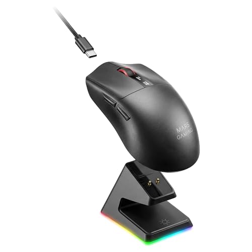 Mars Gaming MMW-Elite, Kabellose Gaming-Maus, Bluetooth 5.4 + 2.4GPRO + Kabel, Optischer Sensor PixArt PAW3311PRO 20000 DPI, Leicht 69g, 6 Tasten, OLED-Display, Magnetische RGB-Ladestation, Schwarz Bild 1