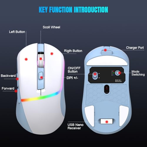 Sxhlseller RGB-Gaming-Maus, Kabellos, Bluetooth 5.3, 2,4 G, Kabelgebunden, 7200 DPI, 6 Programmierbare Tasten, Wiederaufladbar, Ergonomische Optische Maus mit 8 Hintergrundbeleuchtungsmodi (Weiß Blau) Bild 7