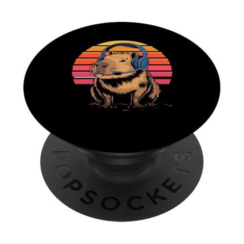 Retro Sunset Gaming Capybara mit Headset PopSockets Klebender PopGrip Bild 1