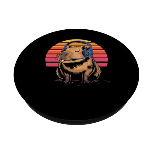 Retro Sunset Gaming Capybara mit Headset PopSockets Klebender PopGrip Bild 2