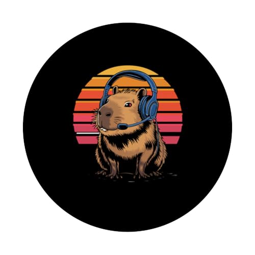 Retro Sunset Gaming Capybara mit Headset PopSockets Klebender PopGrip Bild 3