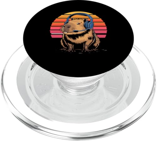 Retro Sunset Gaming Capybara mit Headset PopSockets PopGrip für MagSafe Bild 1
