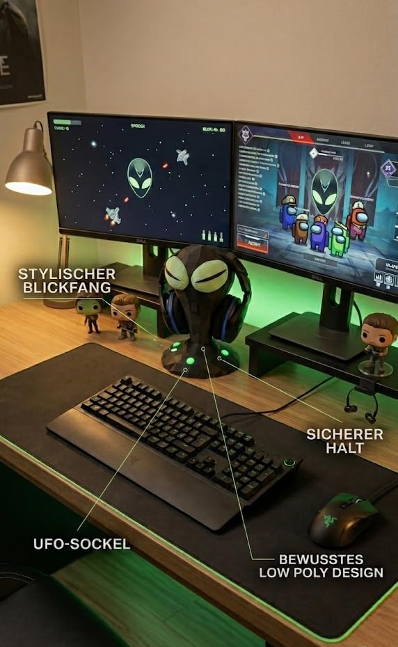 Generisch Alien Headset Halter – Glow in the Dark – Low Poly Design - Gaming Kopfhörerhalter – Sci-Fi Deko – Headphone Stand für Gaming Setup Bild 4