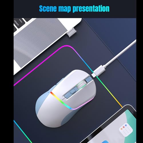 Bewinner Kabellose Gaming-Maus, Kabelgebunden, 2,4 G, Bluetooth 5,3, RGB, 7200 DPI, Optischer USB-Empfänger, 6 Programmierbare Tasten, Maus für PC, Laptop, Tablet, Ergonomisches (Weiß Blau) Bild 6