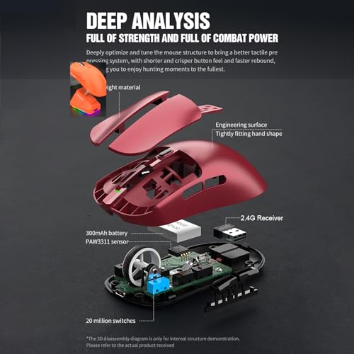 Leichte Gaming-Maus, RGB 3-Modus, Kabelgebunden, 2,4 G BT, 12000 DPI, 7 Programmierbare Tasten mit Schnell Aufladbarer Magnetbasis, für PC-Gamer und den Einsatz Im Büro (Rot) Bild 3