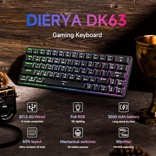Dierya DK63 60% Kabellose Mechanische Tastatur (Red Switch, RGB, Schwarz) + M1 Kabellose Gaming Maus (24k DPI, 90g, 6 Tasten, 180h, Schwarz) für PC Bild 2