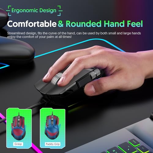 Kabelgebundene Gaming-Maus, 7 Beleuchtungsmodi, Ergonomische RGB-Maus mit Zwei Programmierbaren Scrollrädern, 11 Makrotasten, 1200–12400 DPI, für PC-Laptop Bild 5