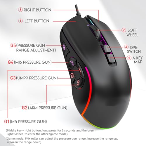 Kabelgebundene Gaming-Maus, 10 Programmierbare Tasten, 14 RGB-Lichteffekte, 6 Einstellbare DPI (800–12800), Ergonomisches Design, für PC-Laptop-Gaming Bild 5