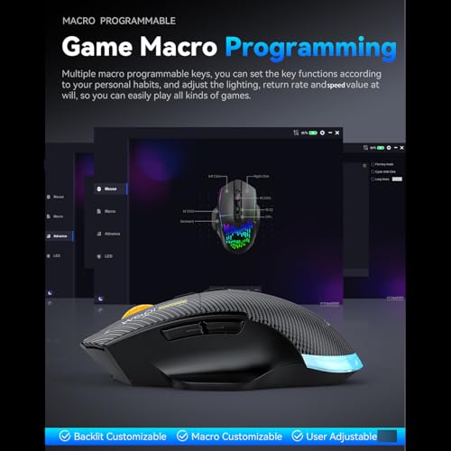 Kabellose Gaming-Maus, Kabelgebunden, 2,4 G, Bluetooth, 3 Modi, Ergonomische Maus, 12800 DPI Einstellbar, 7 Programmierbare Tasten, 5 RGB-Lichteffekte, für PC (Black) Bild 3