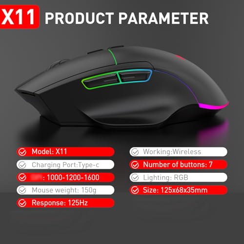 RGB-Gaming-Maus, Kabellos, 2,4 G/BT Dual Wireless mit Leisem Klicken, 7 Tasten, RGB-Hintergrundbeleuchtung, 1000–1600 DPI, 500 MAh, für Gaming-Arbeiten Bild 3